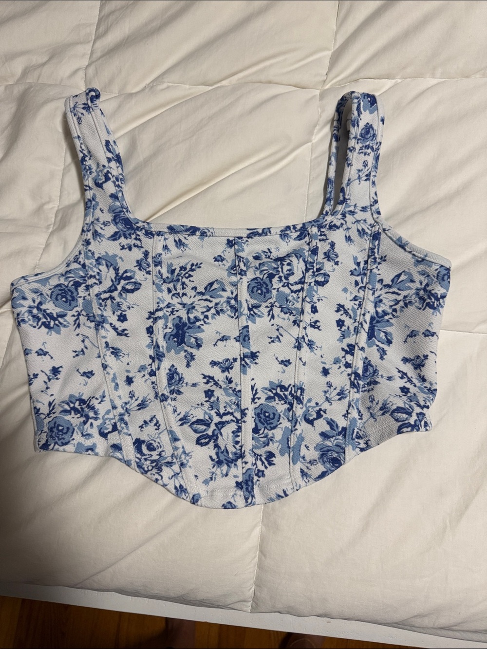 SHEIN White and Blue Floral Square-Neck Corset Tank